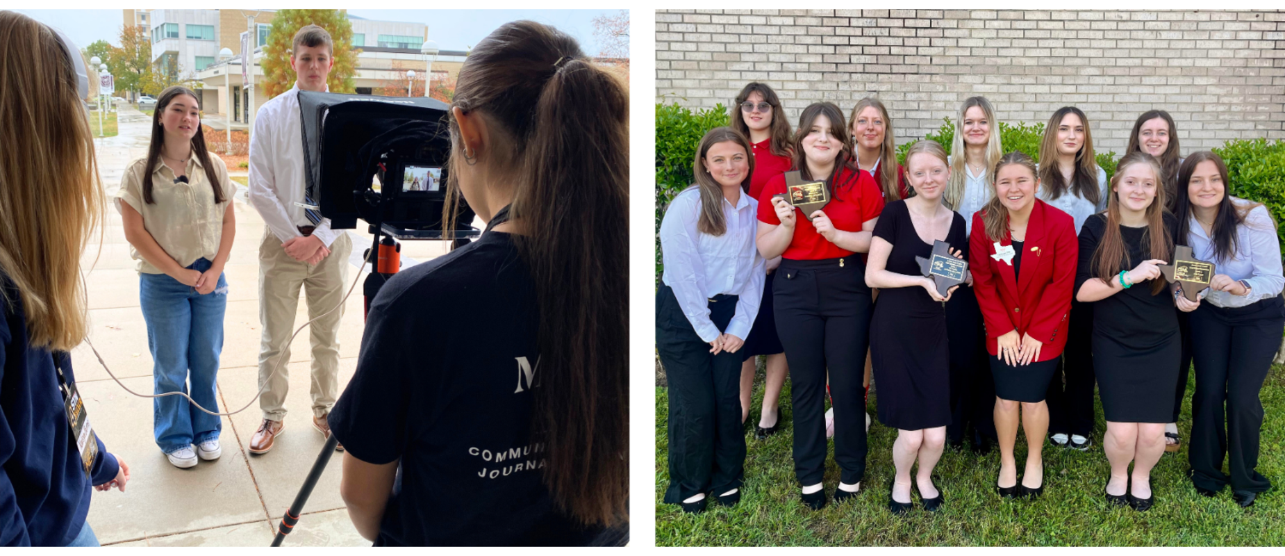 Photo of Dragon TV recording a video and the Redwater FCCLA team posing for a group photo.