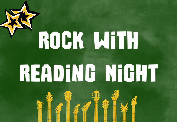 Text promoting 'Rock with Reading Night' on a green background with guitar graphics.