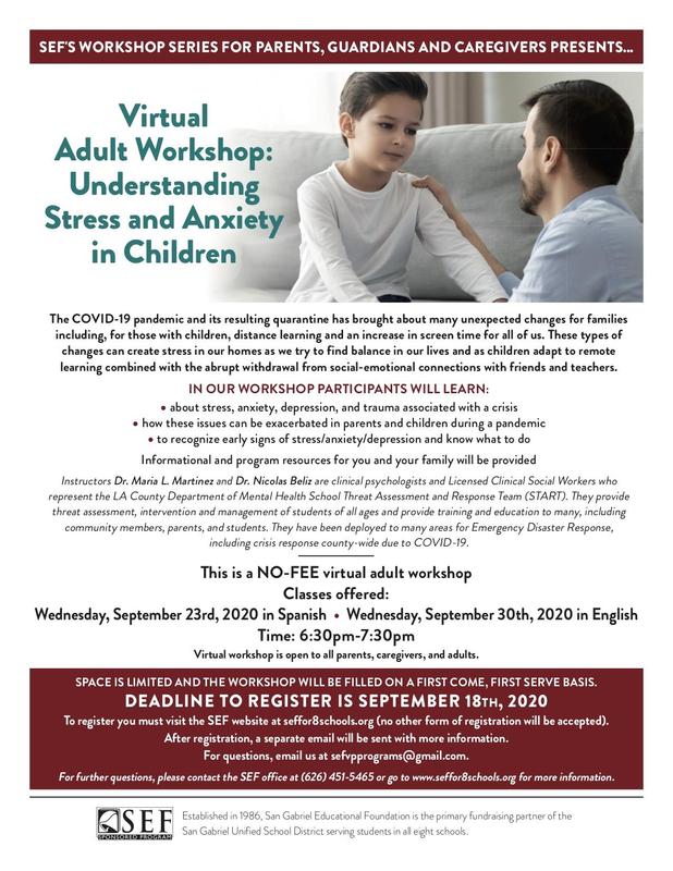 SEF Virtual Adult Workshop for Stress and Anxiety in Children - see attached Featured Photo
