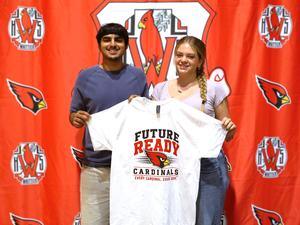 Whittier High School seniors pose with a FutureReady Cardinals T-shirt during the school’s FutureReady event.