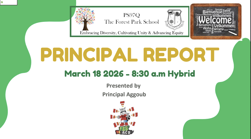 Green and white flyer with date of principal report