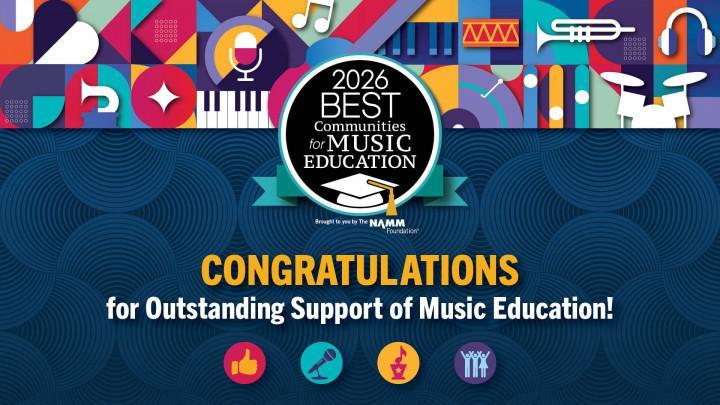 A brightly colored announcement that Fairfield City Schools has been named one of the Best Communities for Music Education for the 8th straight year!