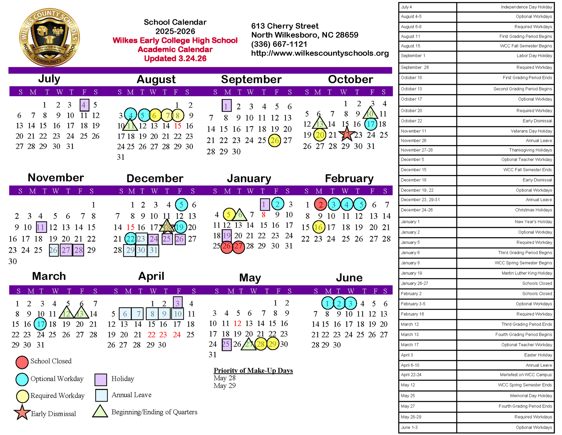 2025-2026 WECHS Academic Calendar. Fully accessible text version is provided below.