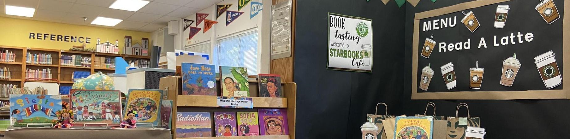 Bookshelf of books and a coffee cart display