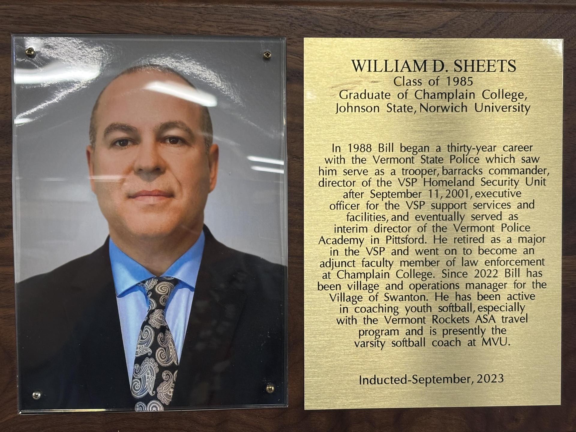 William D Sheets MVU Hall of Fame Plaque
