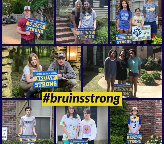 collage of students posing by Bruins Strong yard signs