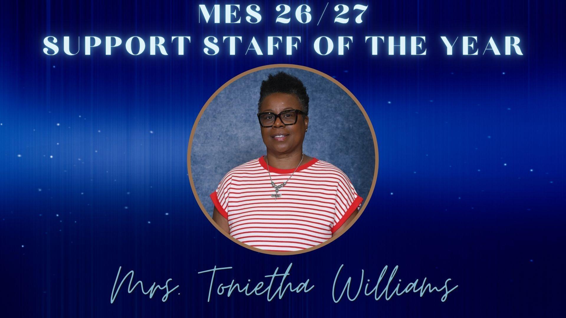 Award announcement for Support Staff of the Year, featuring a smiling woman.