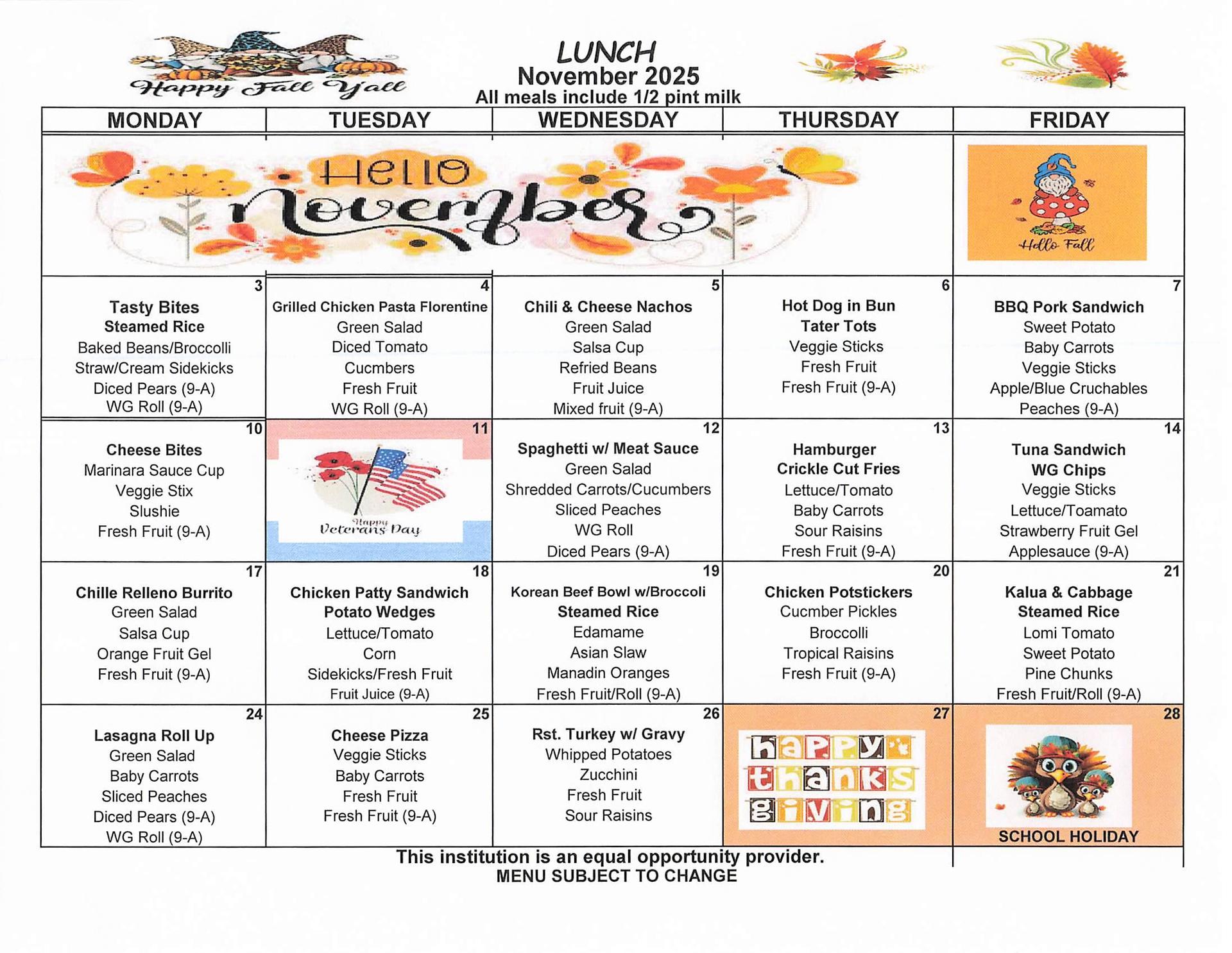 November - Lunch Menu