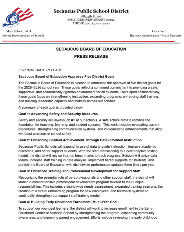 Press Release from SBOE and Interim Superintendent Dr. Toback