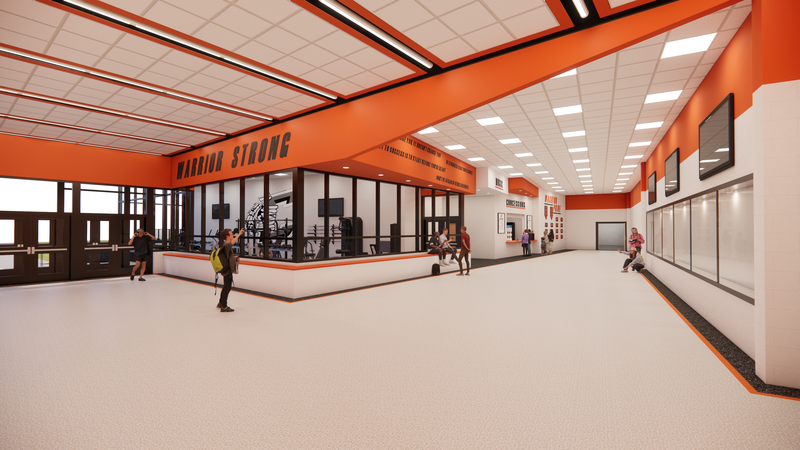 Architectural rendering of the proposed gymnasium renovation, showing the updated exterior entrance and building design.