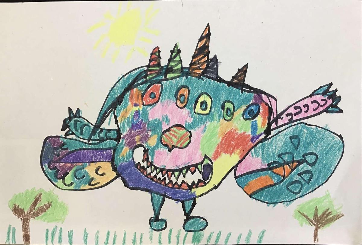 Colorful monster with spikes and wings, set against a sunny background and trees.