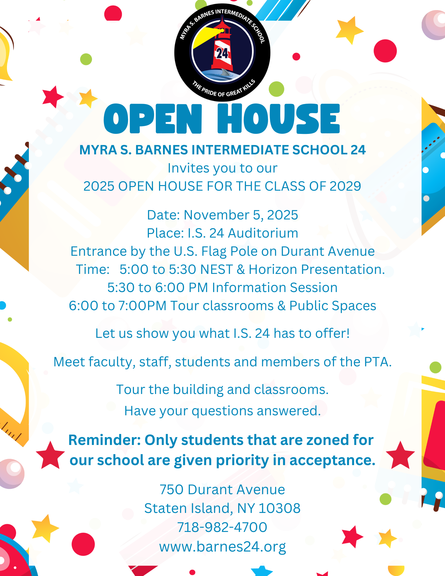 IS 24 Open House on Nov 5th from 5:00 pm to 6:00 pm
