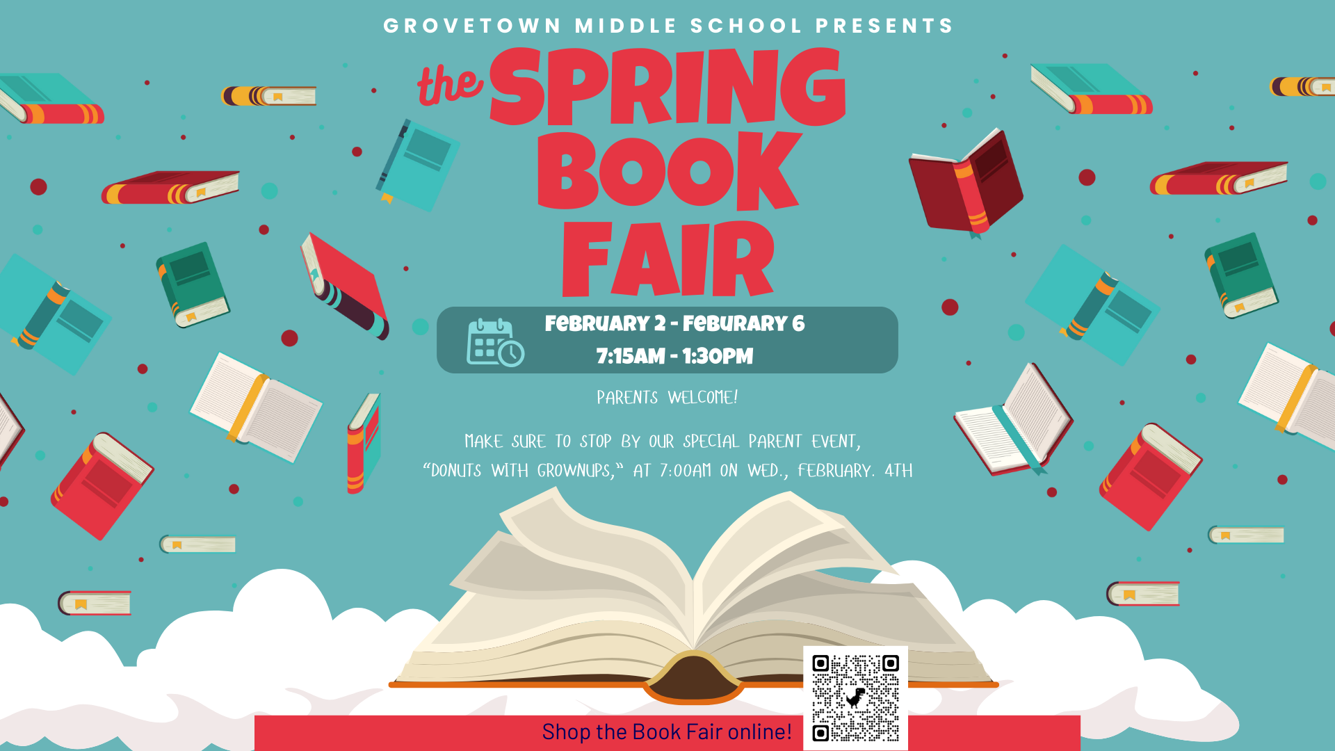 Colorful flyer for Grovetown Middle School's Spring Book Fair with floating books and details.