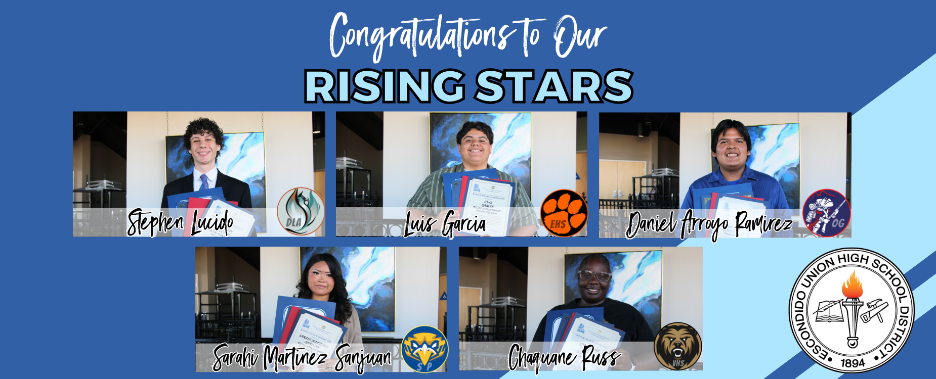 Six students celebrated as 'Rising Stars' with certificates and smiles.