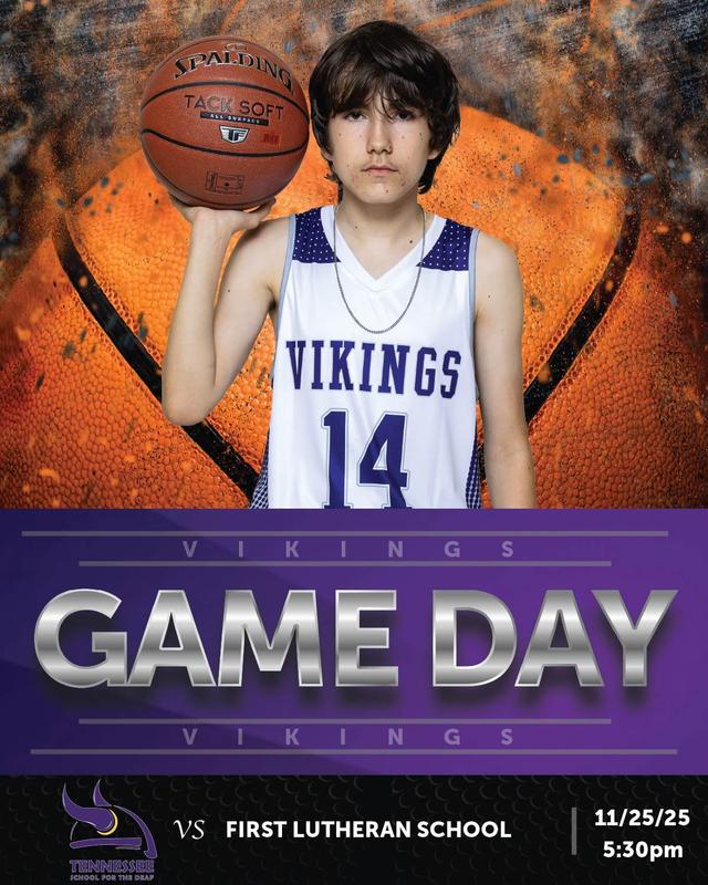 Basketball player on a game day flyer holding up a basketball and is overlapping a huge orange basketball in the background
