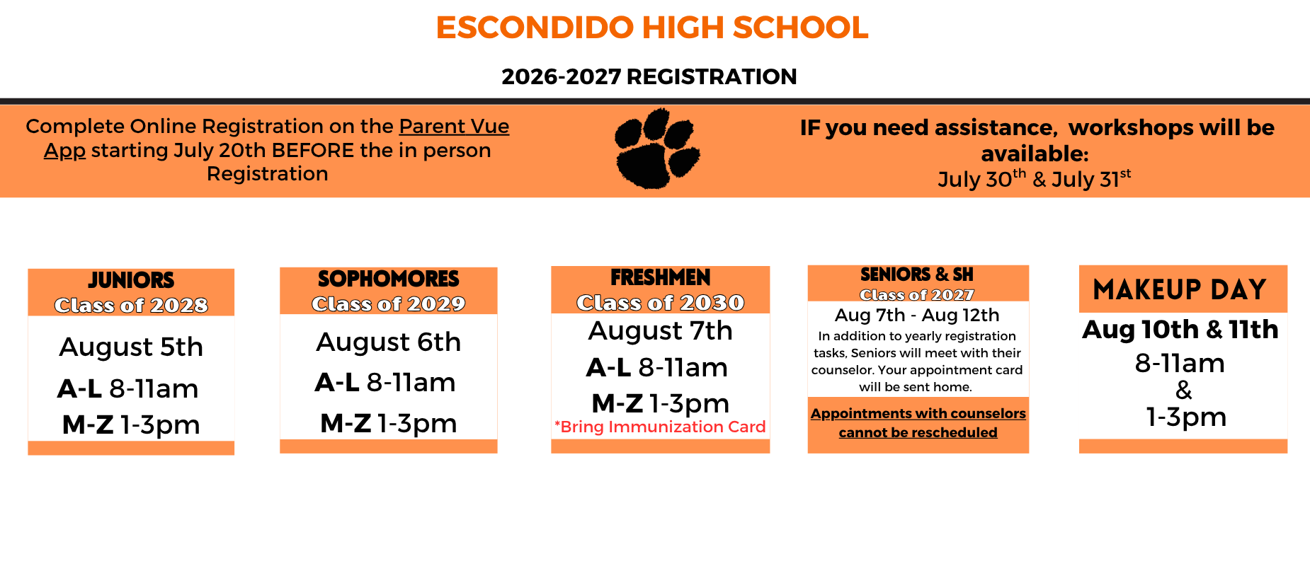 Escondido High School 2026-2027 registration schedule with dates and times.