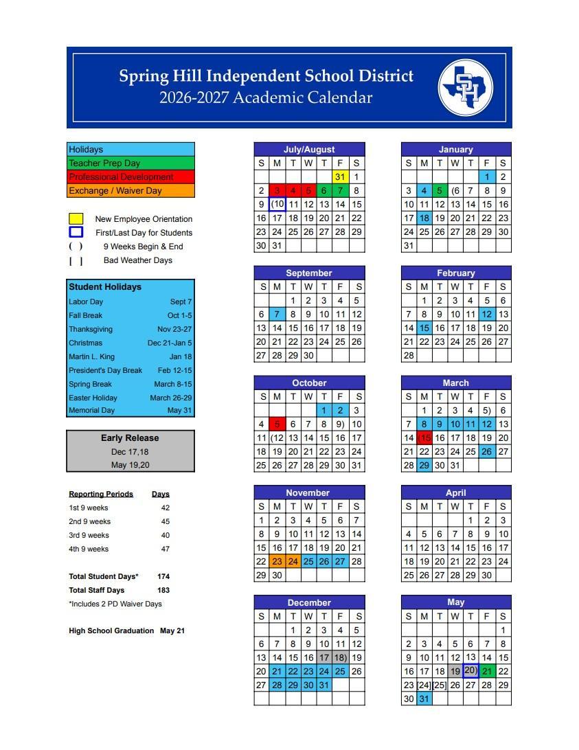 2026-2027 SHISD District Calendar