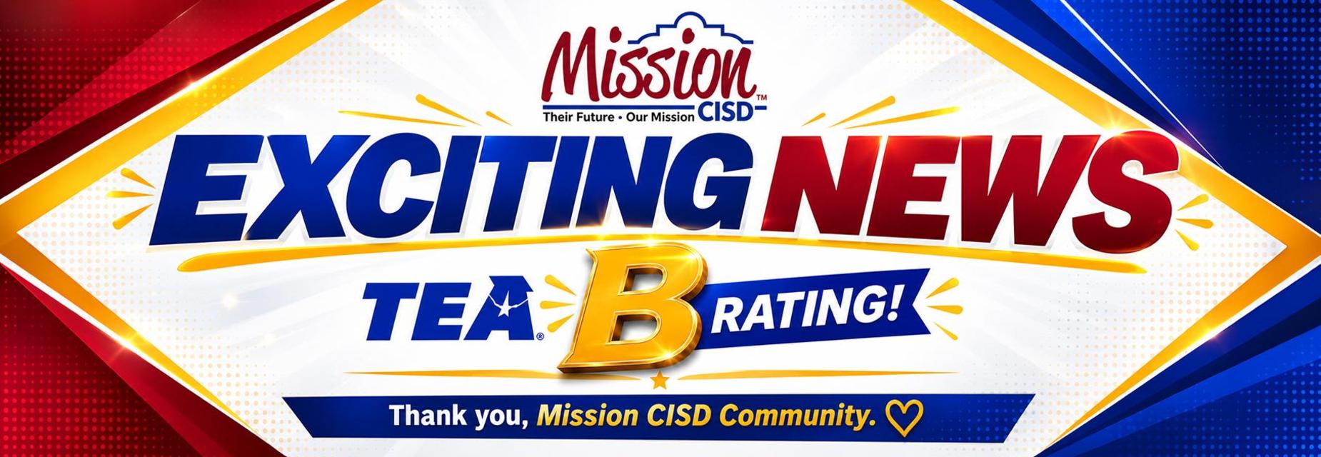 Mission CISD graphic announcing exciting news: TEA "B" Rating! Thank you, Mission CISD Community.