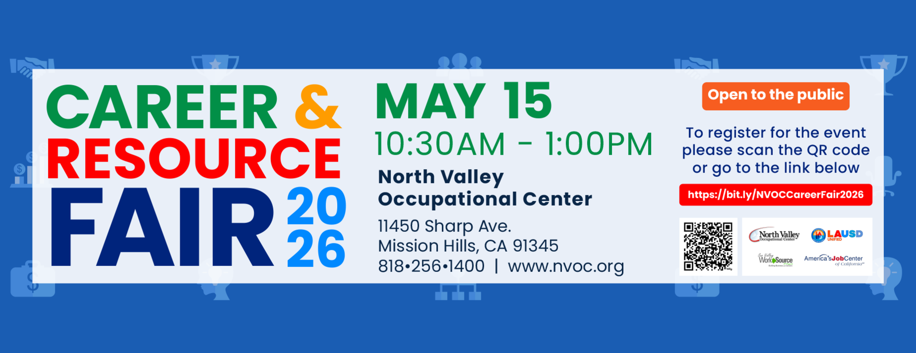 Career and Resource Fair 2026 Banner May 15 10:30am to 1:00pm at North Valley Occupational Center QR Link Register