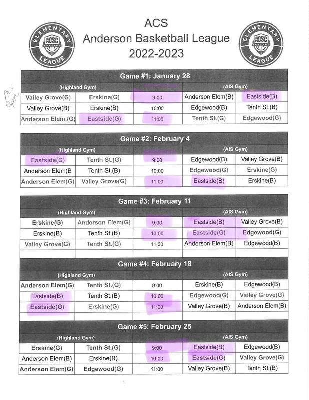 Boys and Girls basketball games start this Saturday, Jan. 28. Games will be played at Anderson Intermediate School AND at Highland Middle School. Please check the schedule to see the location for each game.