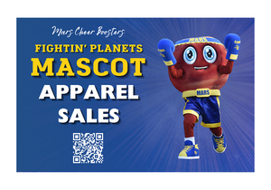 A cheerful mascot in boxing attire promoting apparel sales on a blue background.
