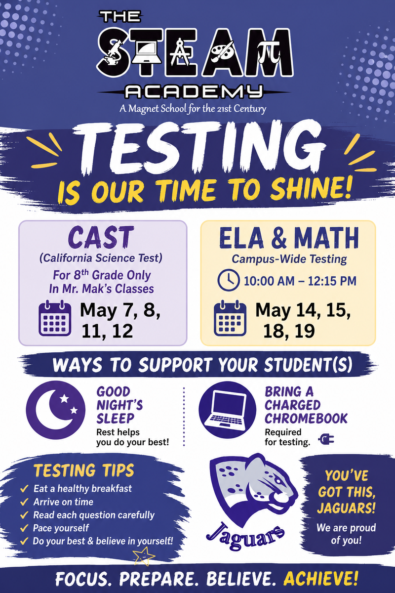As testing approaches, please support our Jaguars by encouraging a good night’s sleep, arriving to school on time, and starting the day with a healthy breakfast.   A medida que se acercan los exámenes, apoye a nuestros Jaguars fomentando que duerman bien, lleguen a la escuela a tiempo y comiencen el día con un desayuno saludable.