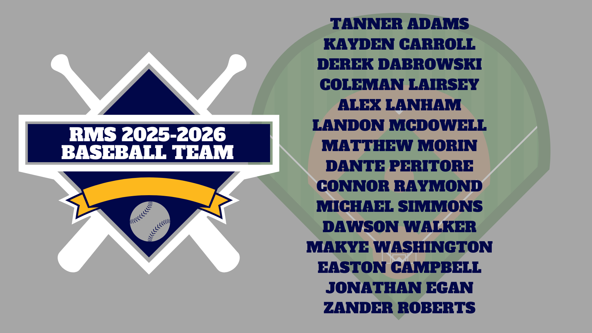 RMS 2025-2026 baseball team roster with names and a baseball-themed logo.