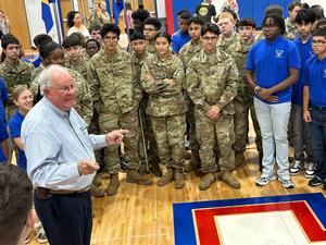 Hugh Shine speaks to cadets following the pass-in-review ceremony