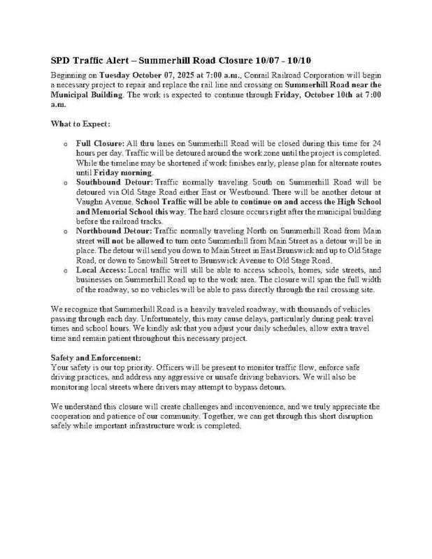 Traffic Advisory Summerhill Road 10-7-25 to 10-10-25