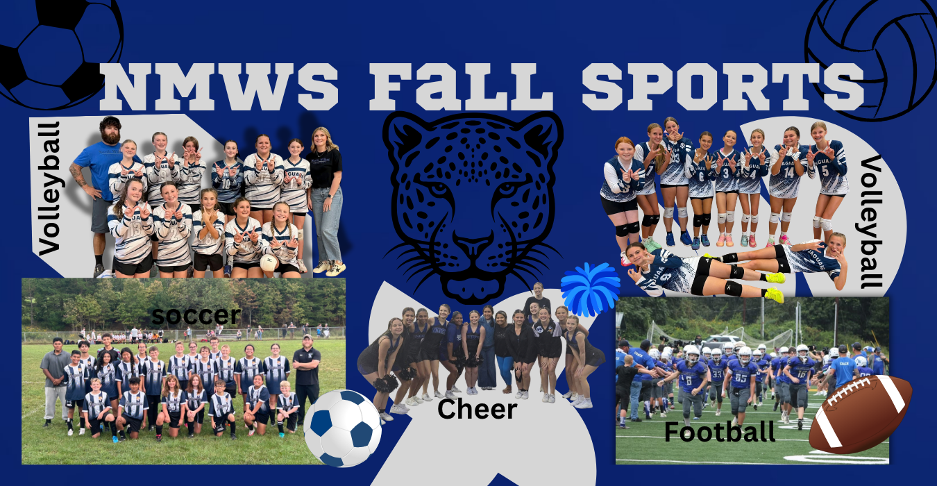 Collage showcasing NMWS fall sports: volleyball, soccer, cheer, and football.