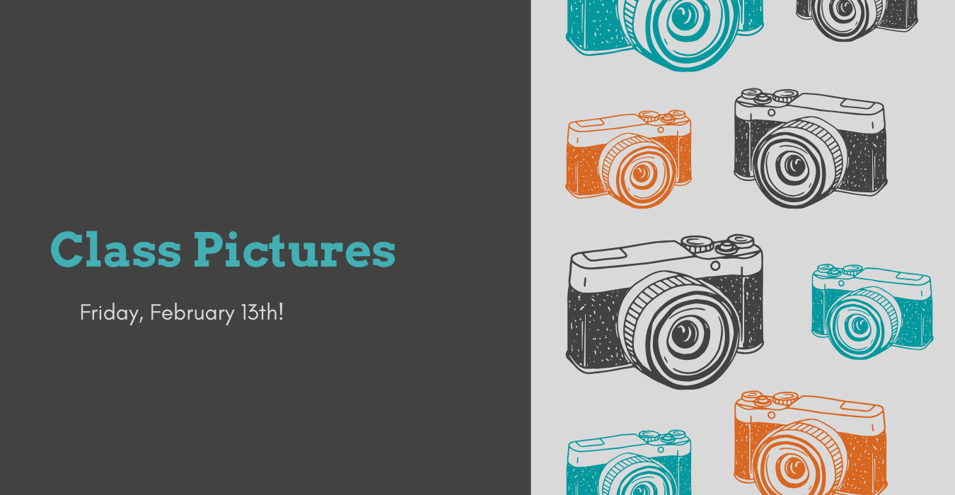 Colorful illustrations of cameras with class pictures text and date.