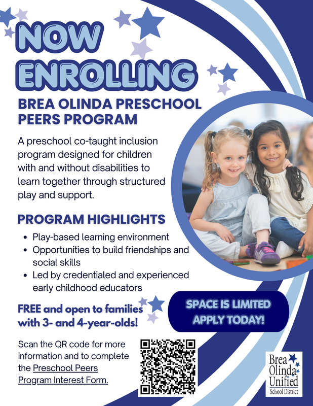 A decorative flyer with information on the new BOPP program. The flyer features a photo of two preschool age girls hugging. Text on flyer: Now Enrolling Brea Olinda Preschool Peers Program