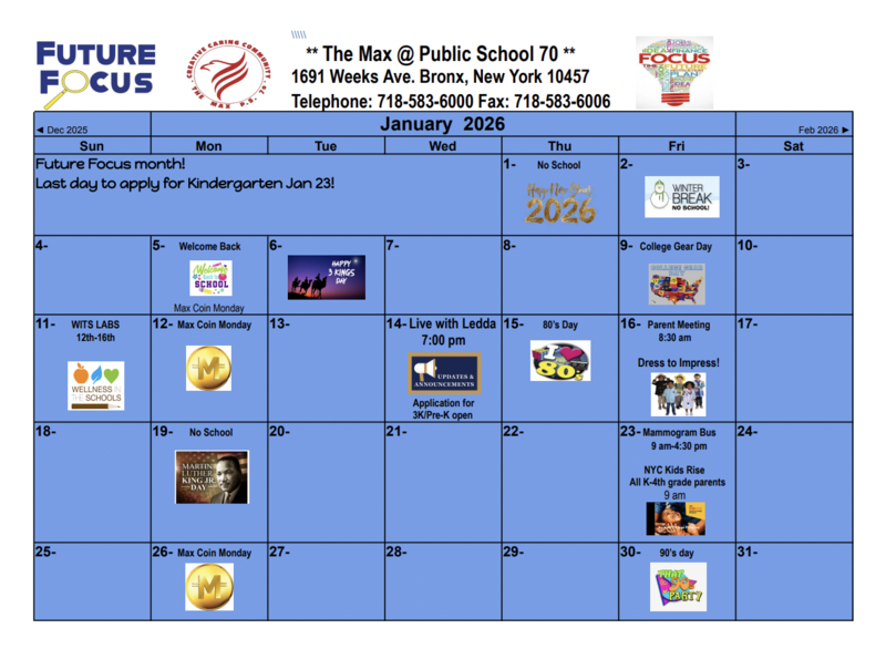 Image of January Calendar with special events and dates