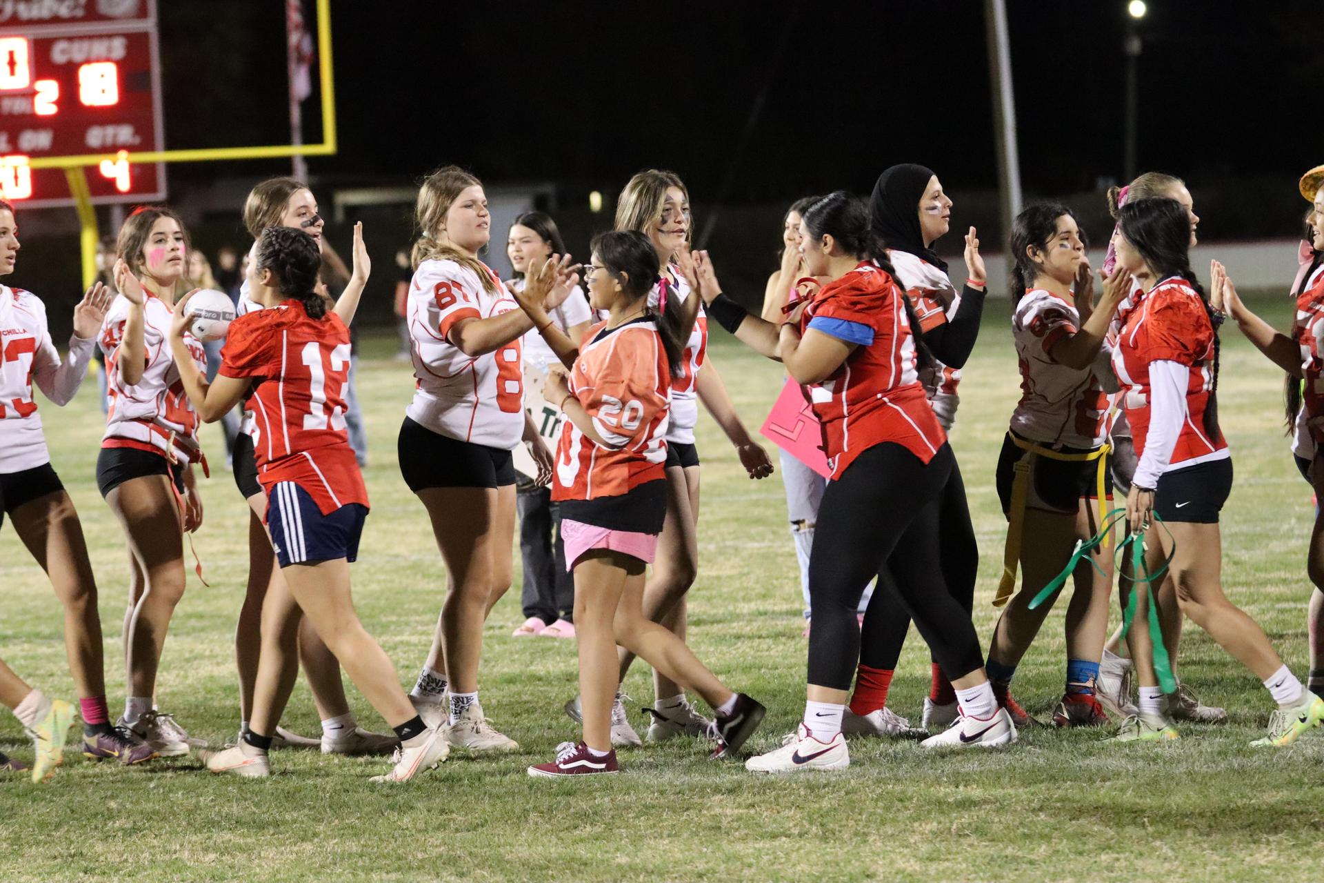 students shaking hands after the game