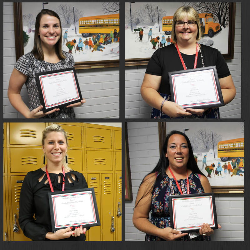 Composite of employees of the month with certificates: Heather Hopwood, April Castillo, Taylor Rodgers, and Marjie Bailey.