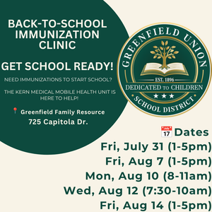 Flyer promoting immunizations in July for 7th and Kinder students