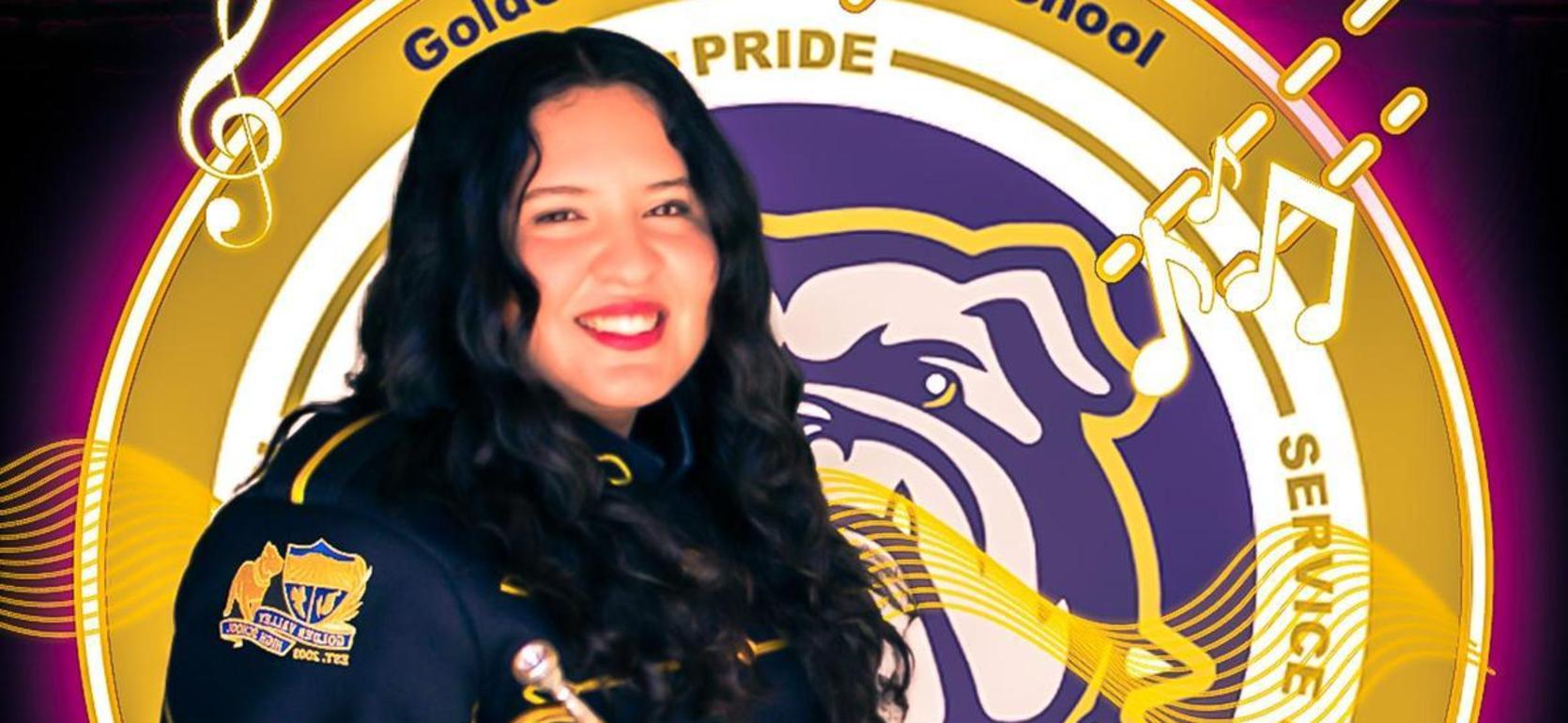 A smiling girl in a band uniform holding a trumpet with a colorful background.