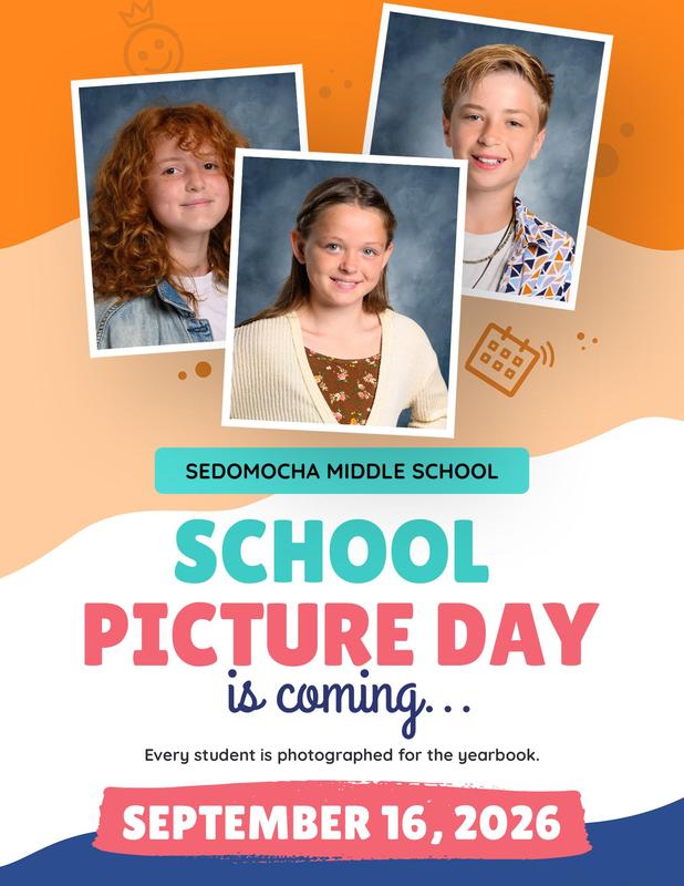 Three students' portraits with date and event details for School Picture Day.