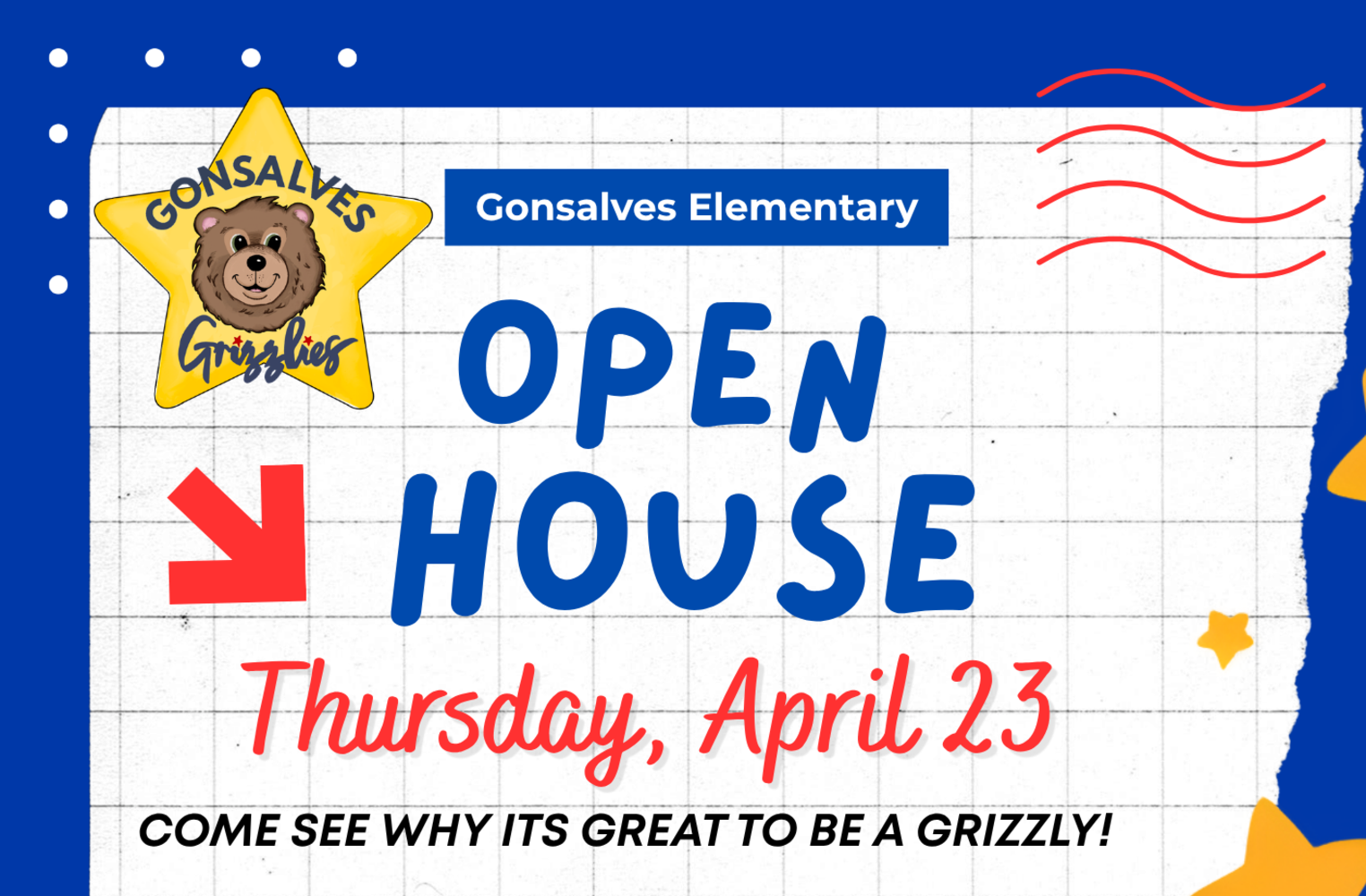 Flyer for Gonsalves Open House.  April 23 @ 5:00 PM.