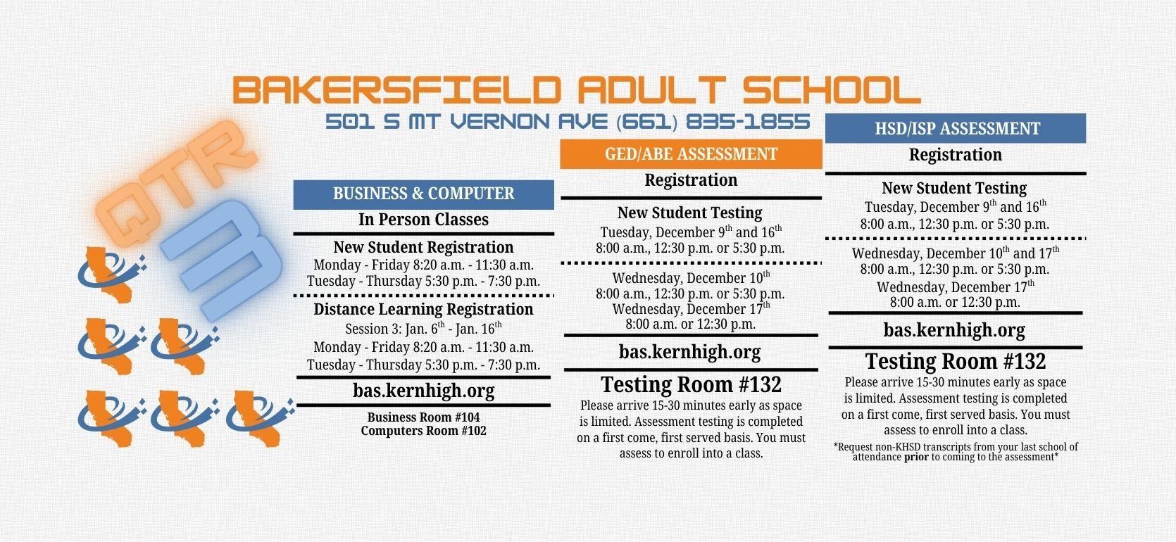 Schedule for Bakersfield Adult School with registration details and testing info.