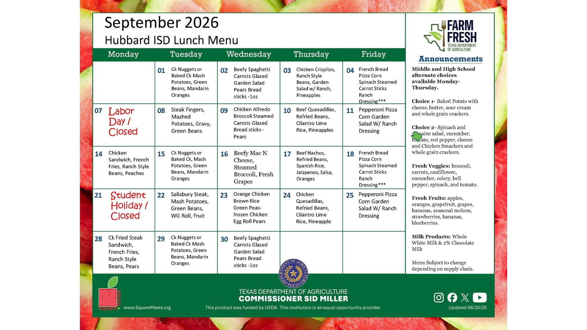 September Lunch Menu