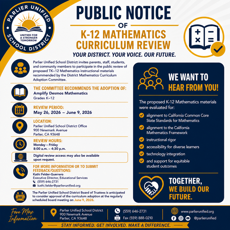 PUBLIC NOTICE OF K-12 MATHEMATICS CURRICULUM REVIEW Featured Photo