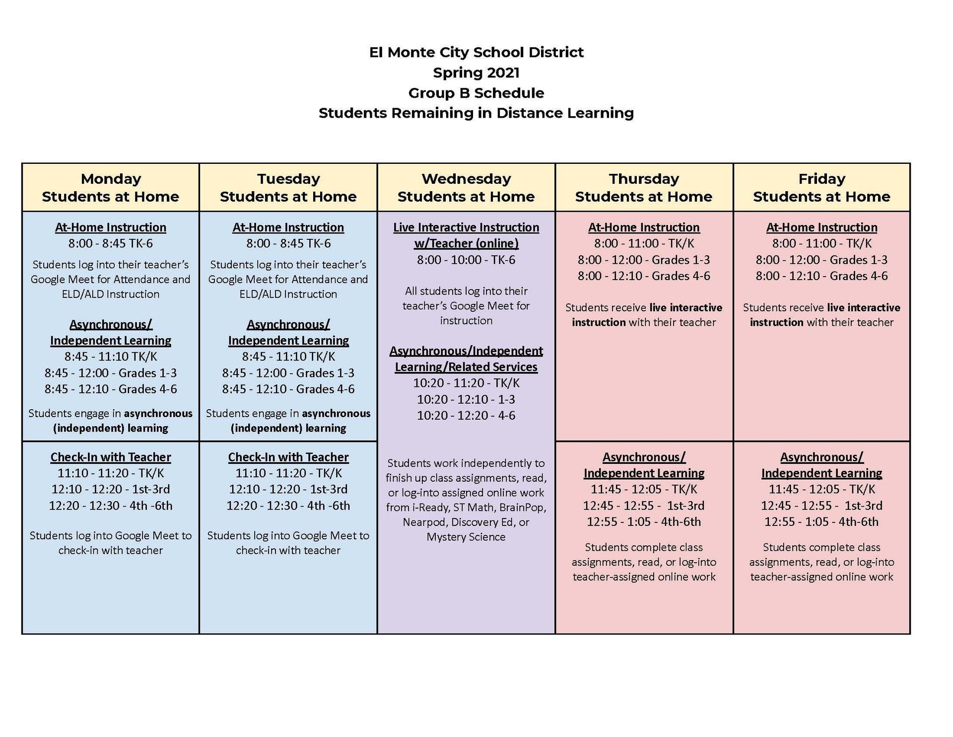 Group B Distance Learning Schedule
