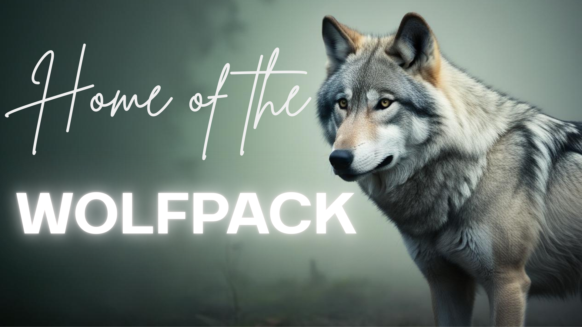 Wolf standing in fog with text 'Home of the WOLFPACK' overlayed.