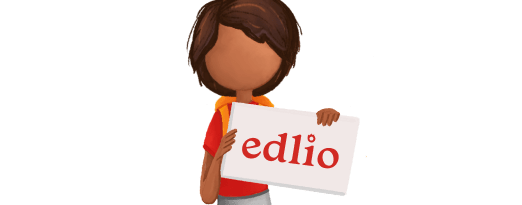 A character holding a sign that reads 'edlio', featuring a friendly pose.