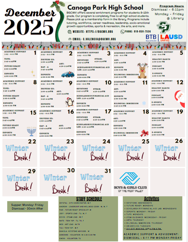 Boys and Girls Club December Calendar