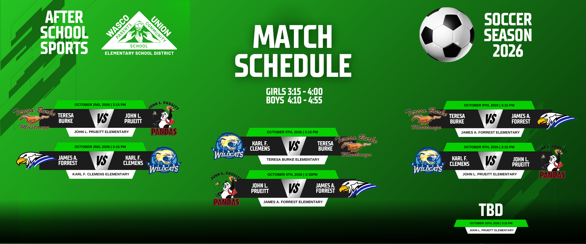 Schedule for after school sports and soccer season 2026.