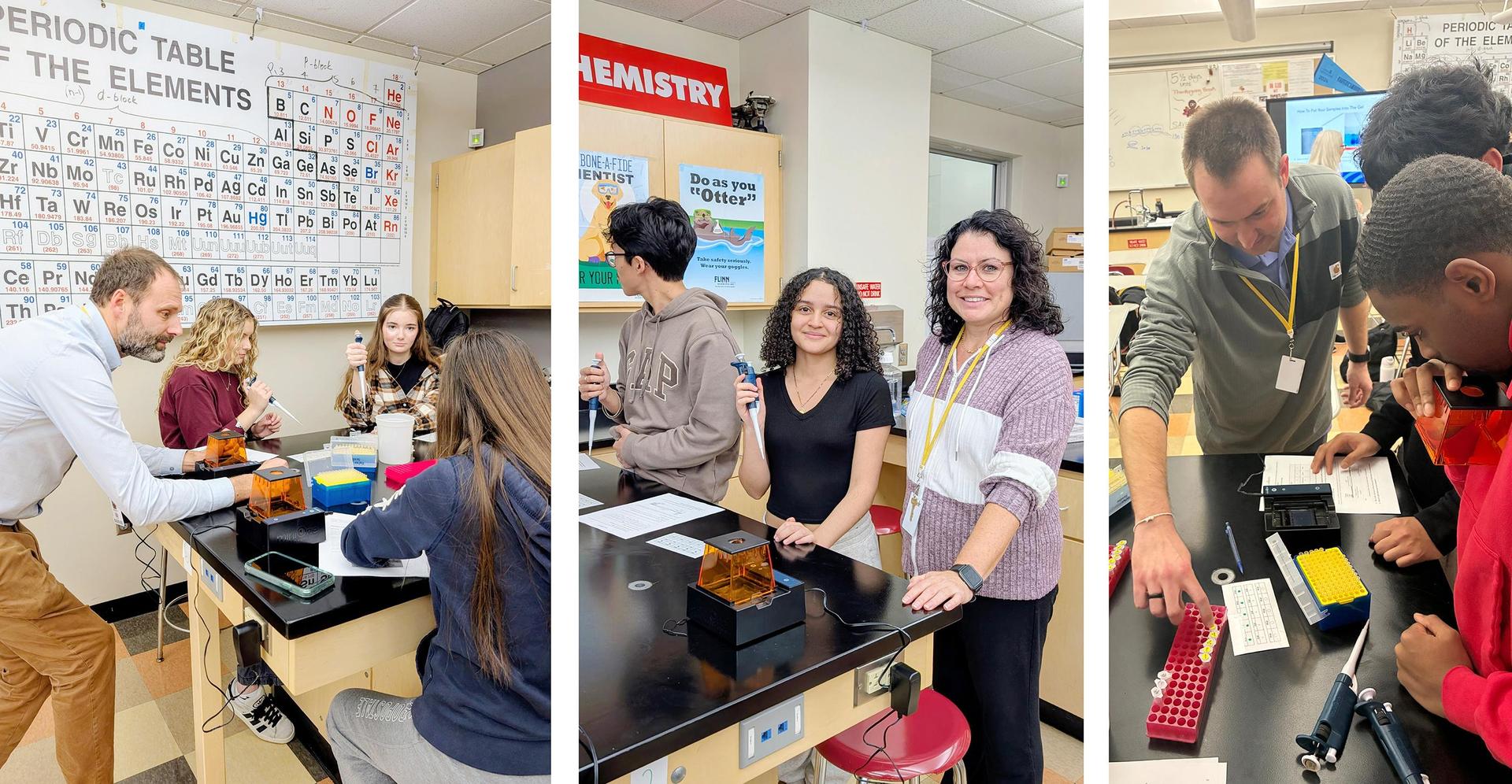 Students engaged in hands-on science experiments in a classroom setting.