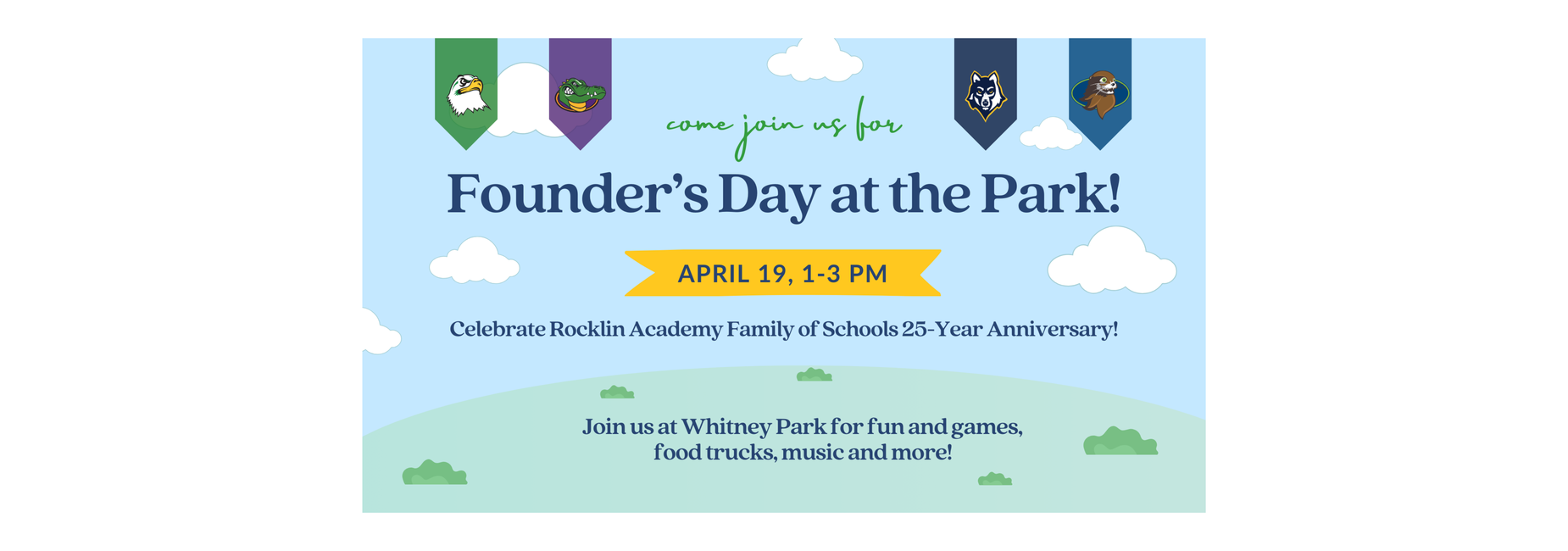 Event flyer for Founder's Day at the Park with details and date. April 19 from 1-3pm