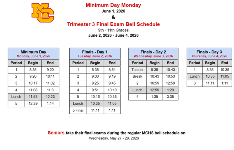 Min Day and Tri 3 Final Exams Bell Schedule